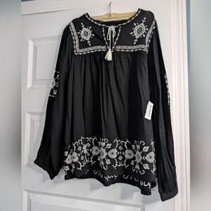 Old Navy Black Peasant Tunic with White Embroidery. New With Tags.